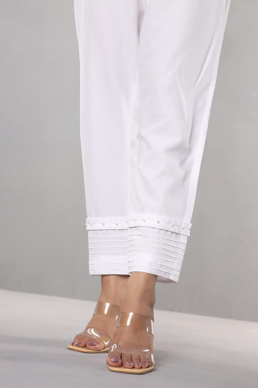 Showstopper White Cashmilon Fabric Straight Pleats & Pearls Pant Women P06