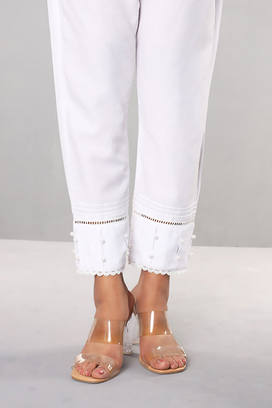 Showstopper White Cashmilon Fabric Straight Pleats & Pearl Pant Women P03